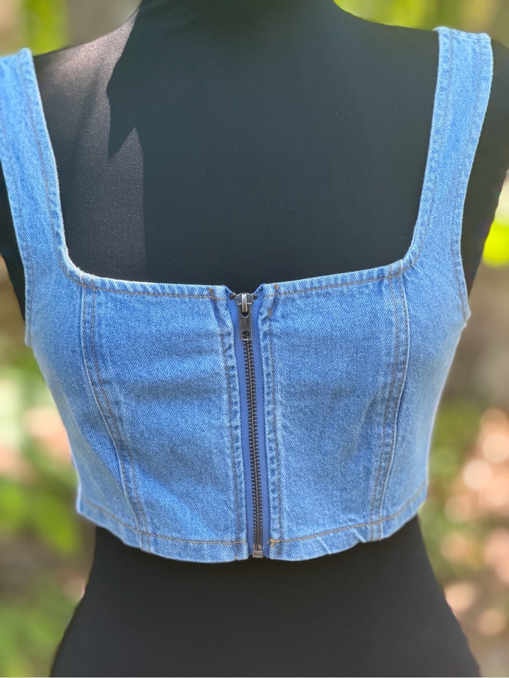 Forever 21 Washed Blue Denim Smocked Back Crop Tank